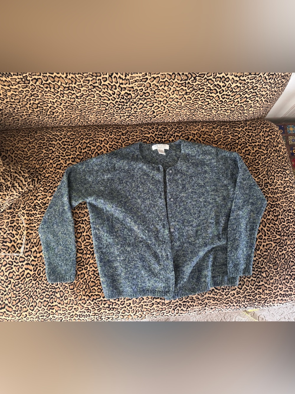 Petite Sophisticate Heathered Teal Crewneck Button Cardigan